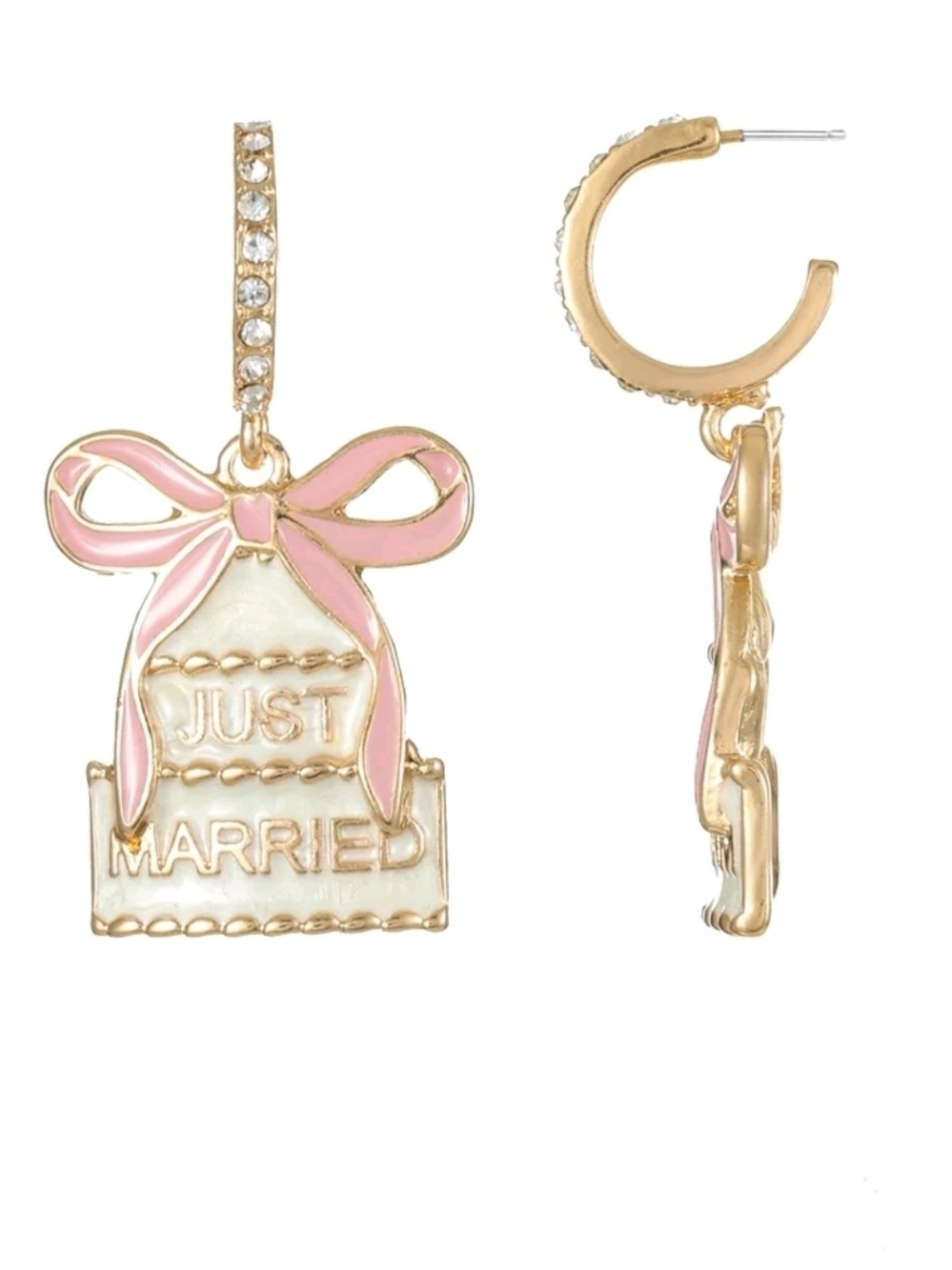 Packed Party Gold-Tone 'Just Married' Pink & White Bow Drop Earrings